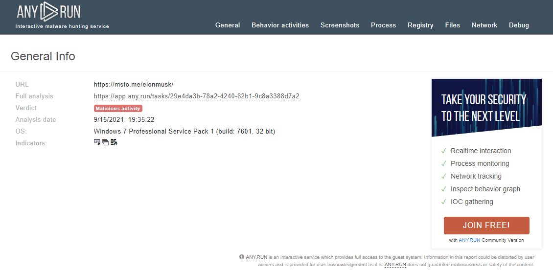 Resultado Any.Run de la url contenida en el email de estafas