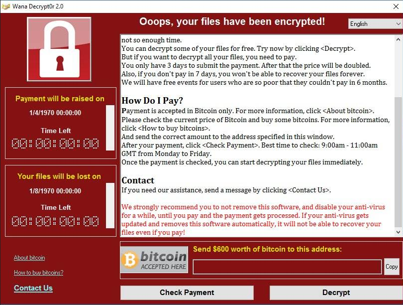 Banner del ransomware WannaCry